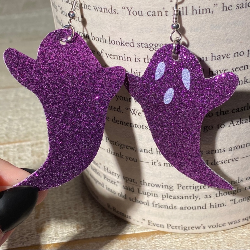 3 for $15 Purple Glitter Ghost Earrings Leather - Picture 4 of 6